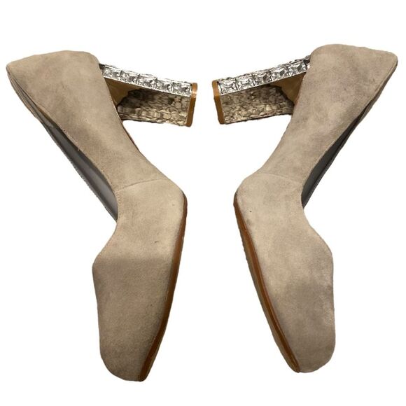 Dune London Bindy Crystal Block Heel Beige Grey Suede Leather Size 10 - Picture 4 of 10